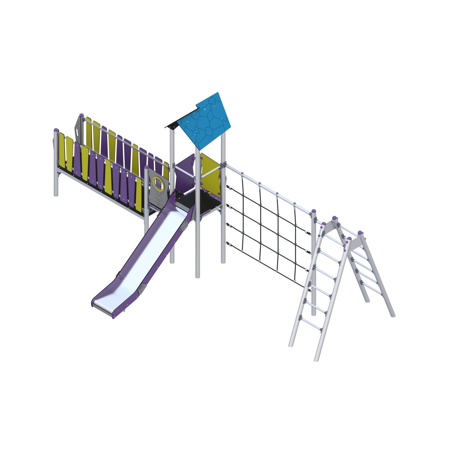Play set with slide, bridge, and climbing elements