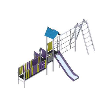 Play set with slide, bridge, and climbing elements