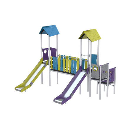 Two-tower playset with slides connected by a bridge