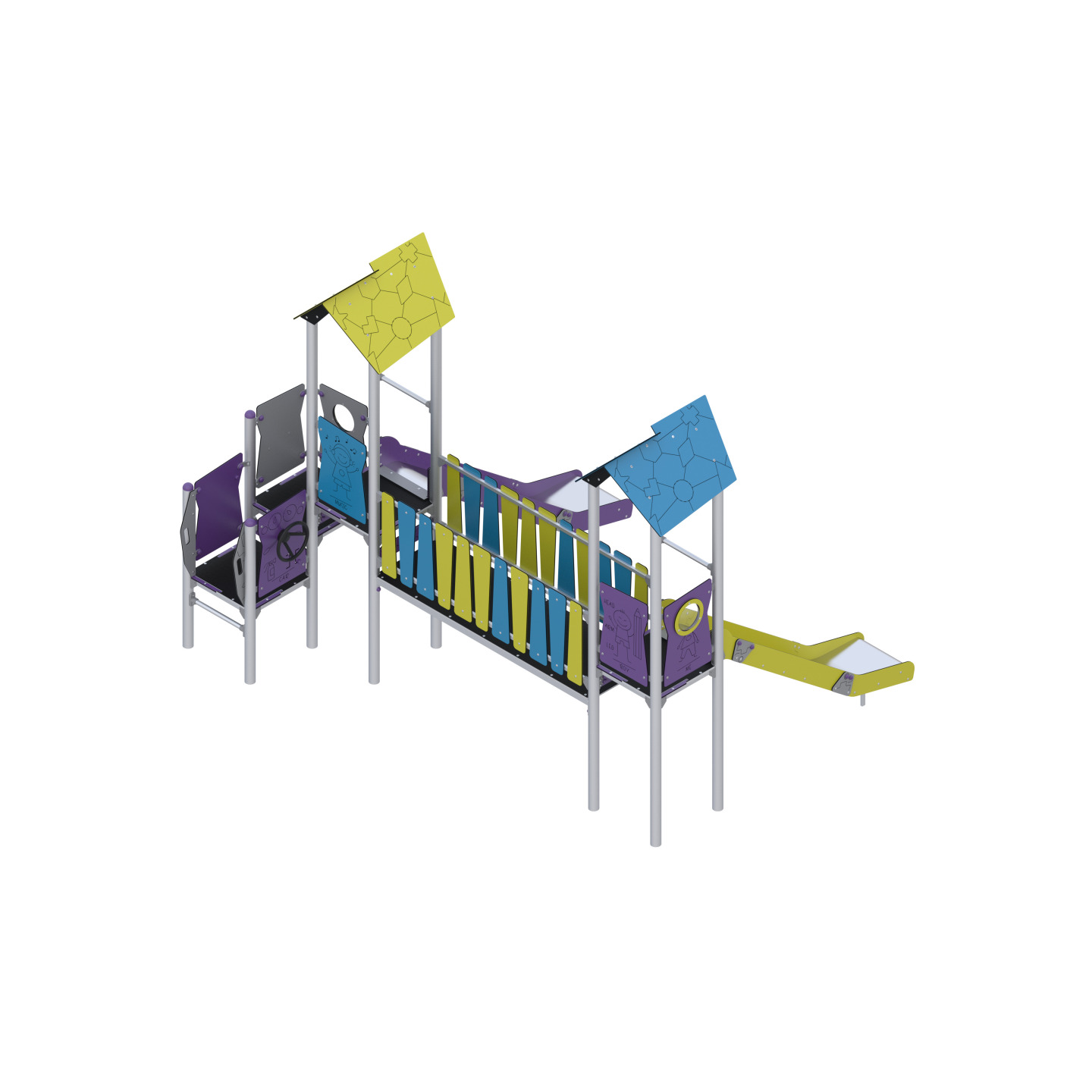Two-tower playset with slides connected by a bridge