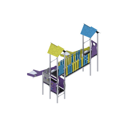 Two-tower playset with slides connected by a bridge