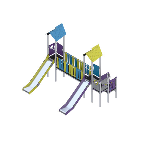 Two-tower playset with slides connected by a bridge