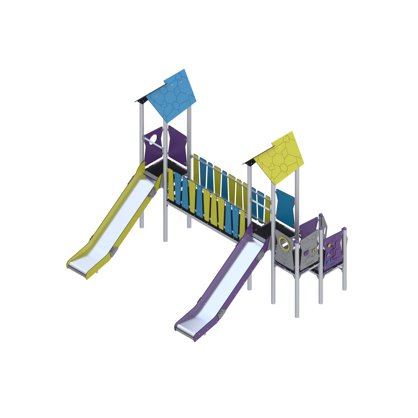 Two-tower playset with slides connected by a bridge