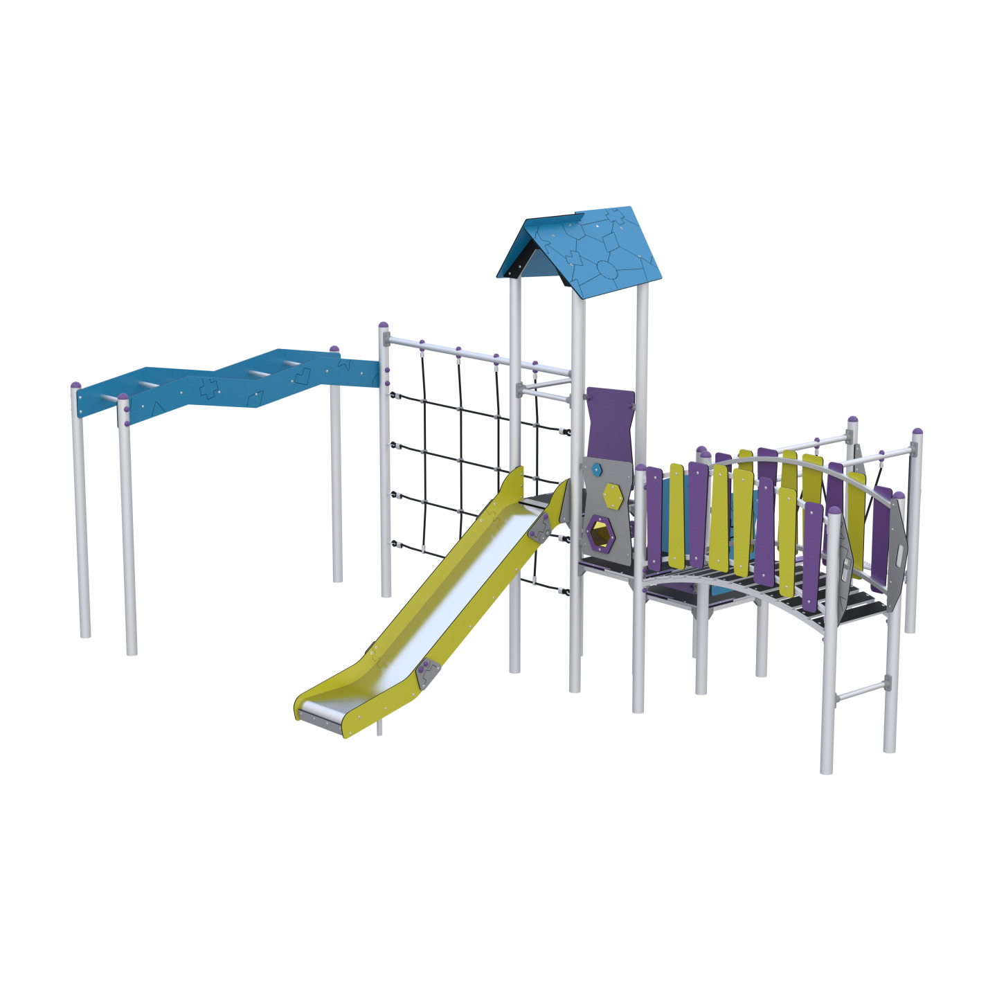 Play set with slide, bridge, and climbing elements