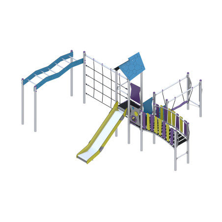 Play set with slide, bridge, and climbing elements
