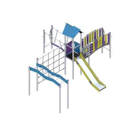 Play set with slide, bridge, and climbing elements