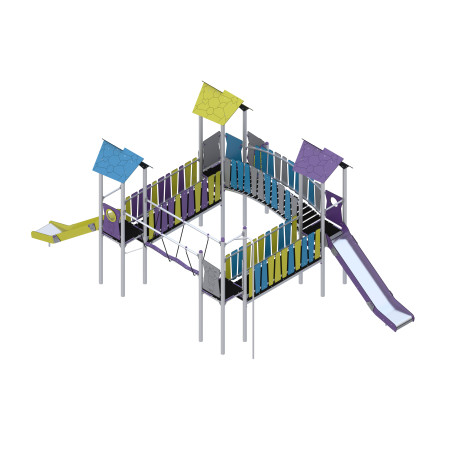 Three-tower play set with slides, a descent tube connected by bridges and a swing bridge