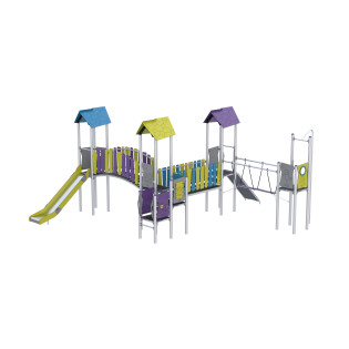 Zestaw zabawowy trzywieżowy ze zjeżdżalniami, rurą zjazdową połączone mostkami oraz mostkiem wahadłowym