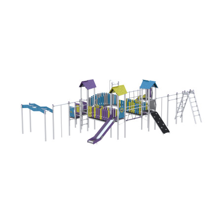Dreiturm-Spielset mit Rutsche, Kletterelementen, Rutschrohr, verbunden durch Brücken und Schwingbrücke