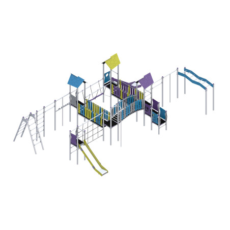 Dreiturm-Spielset mit Rutsche, Kletterelementen, Rutschrohr, verbunden durch Brücken und Schwingbrücke
