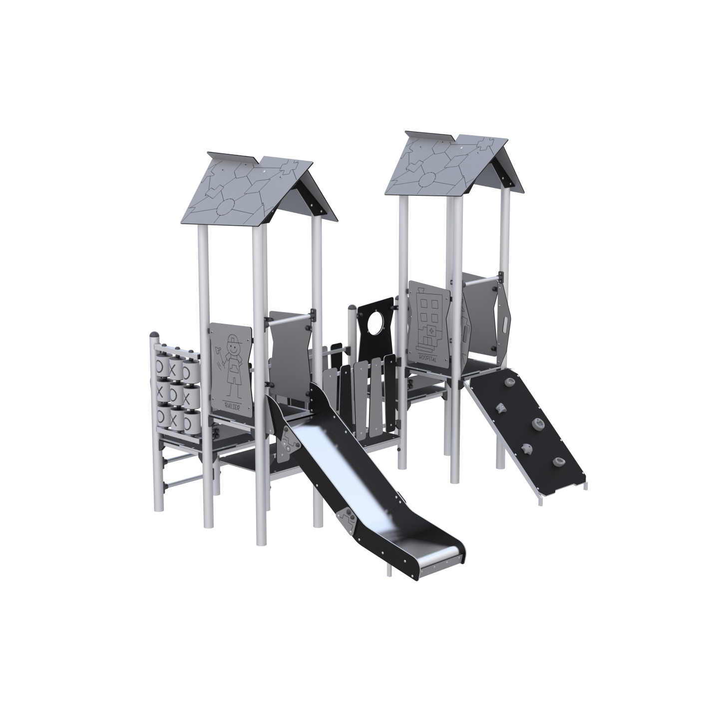 Two-tower play set connected by a bridge with a slide and a climbing wall