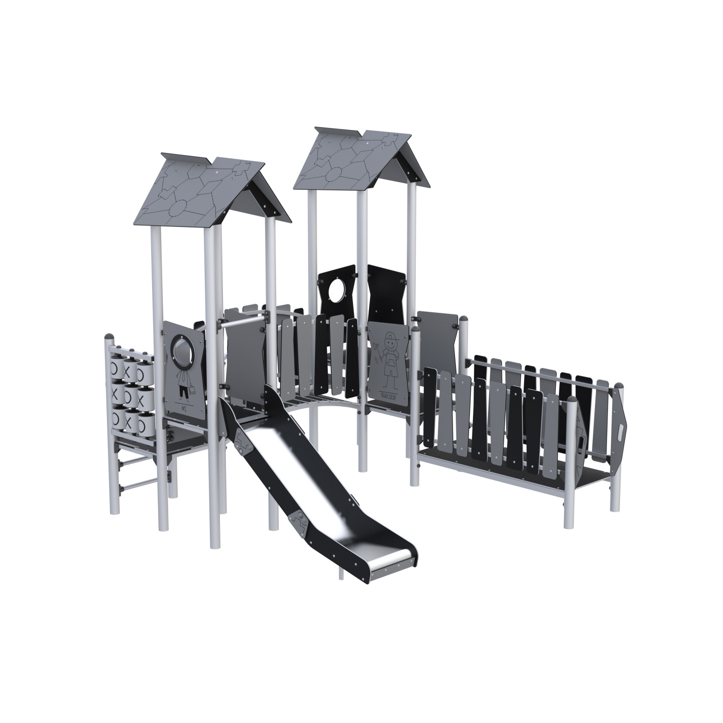 Two-tower play set connected by a bridge and slide