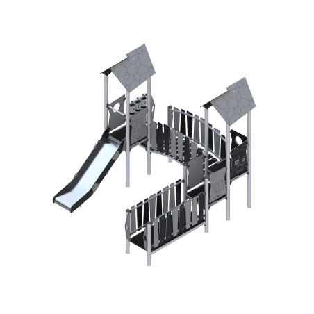 Two-tower play set connected by a bridge and slide