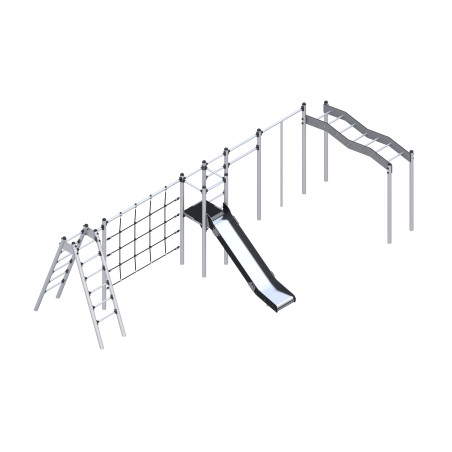 Play set with slide and climbing elements and ropes