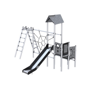 Play set with climbing elements and ropes