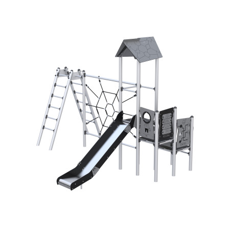 Play set with climbing elements and ropes