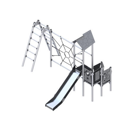 Play set with climbing elements and ropes