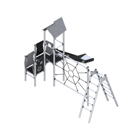 Play set with climbing elements and ropes