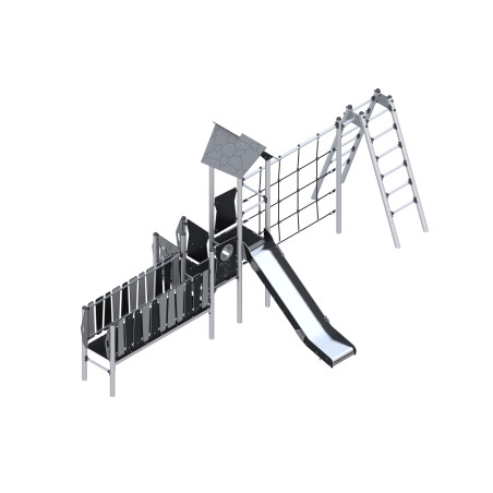 Play set with slide, bridge, and climbing elements