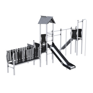 Zestaw zabawowy ze zjeżdzalnią, mostkiem, elementami wspinaczkowymi i rurą zjazdową