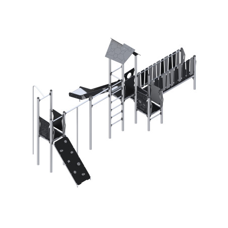 Play set with slide, bridge, climbing elements, and slide tube
