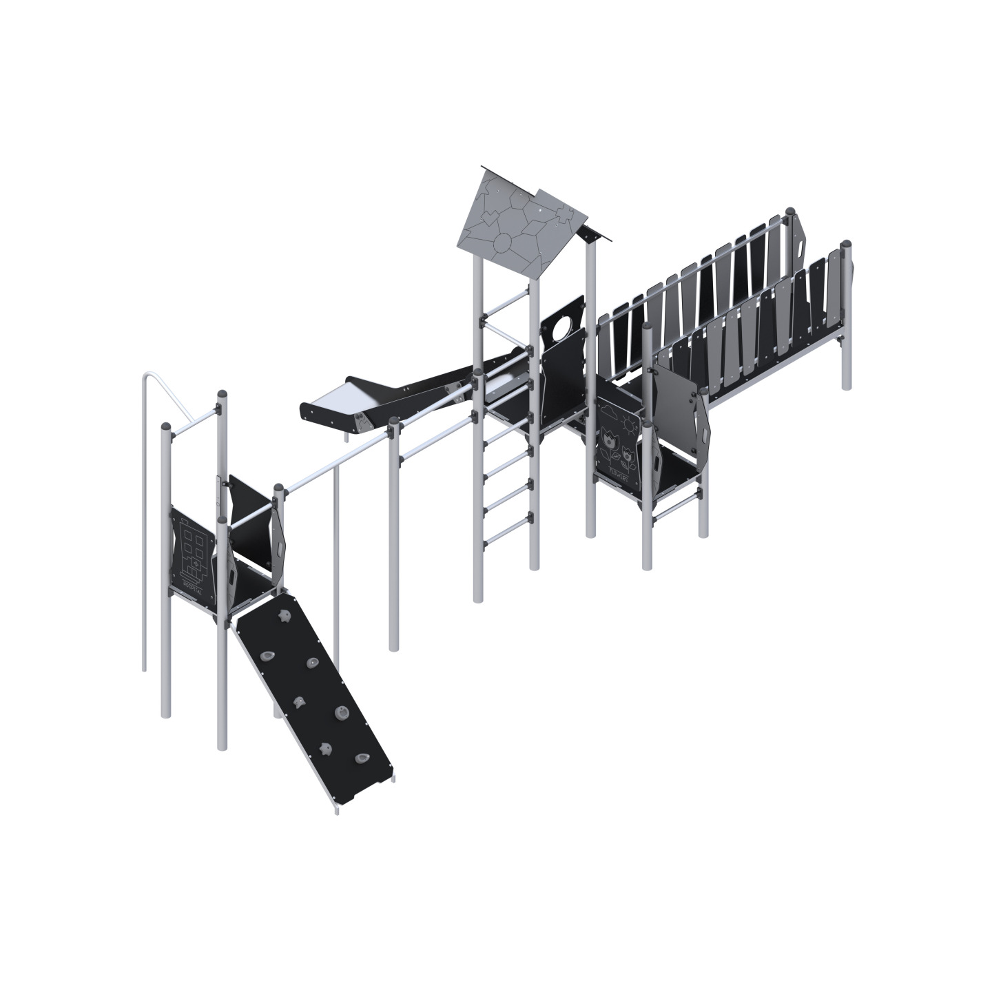 Play set with slide, bridge, climbing elements, and slide tube
