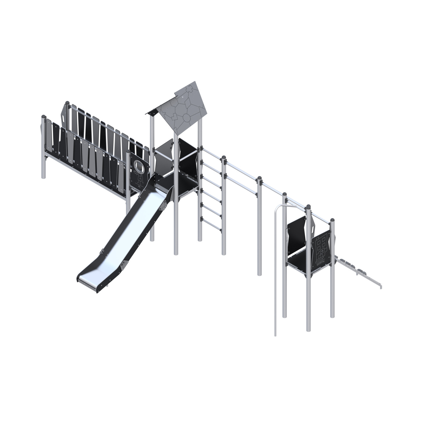Spielset mit Rutsche, Brücke, Kletterelementen und Rutschrohr