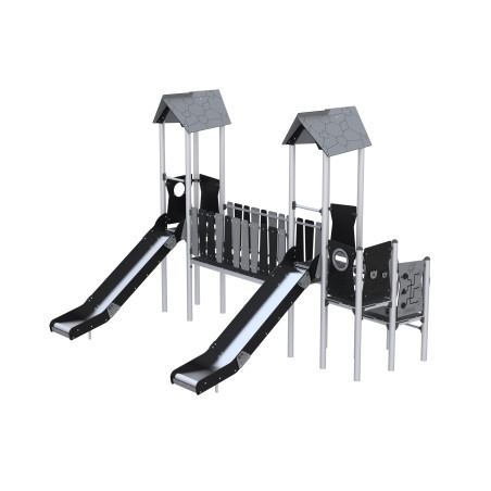 Two-tower play set with slides connected by a bridge
