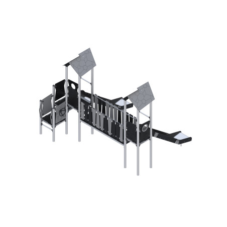 Two-tower play set with slides connected by a bridge