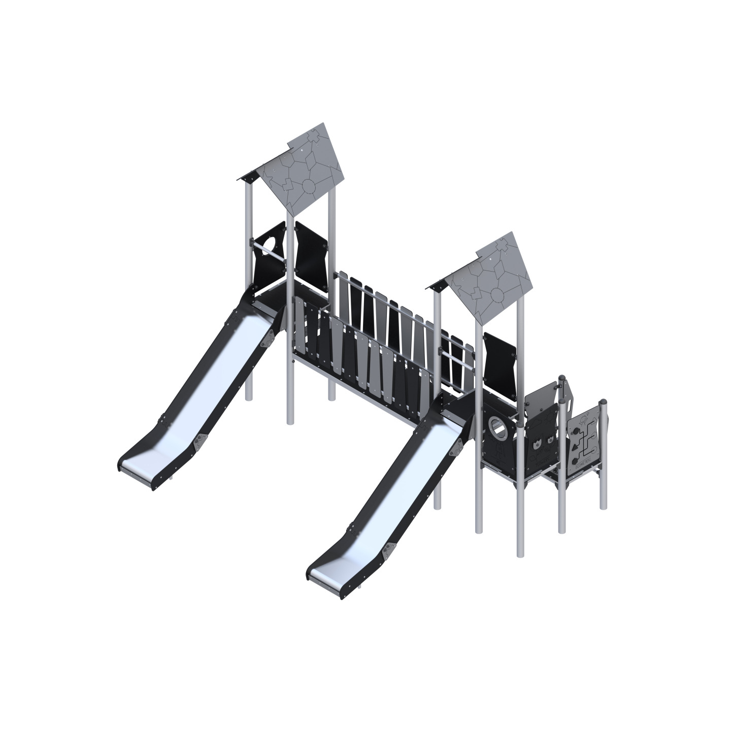 Two-tower play set with slides connected by a bridge