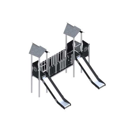 Two-tower play set with slides connected by a bridge