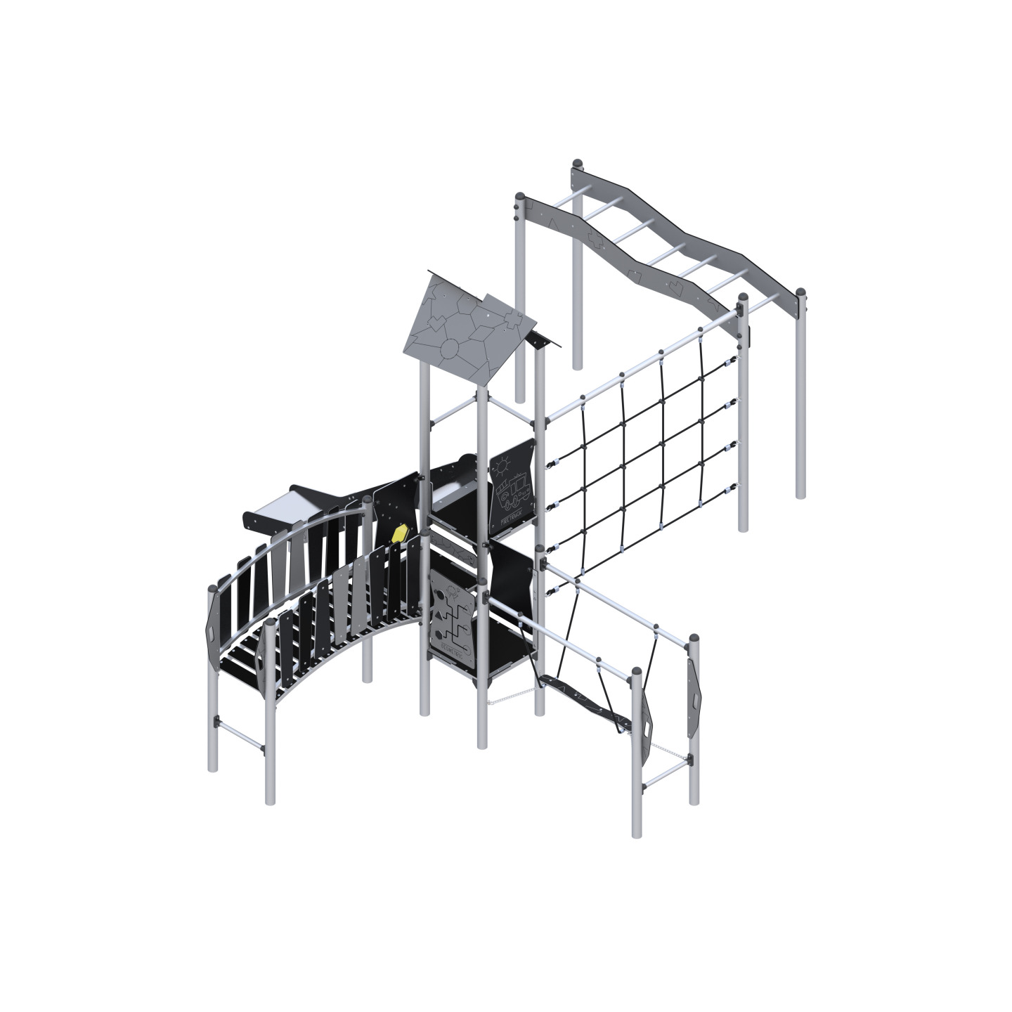Play set with slide, bridge, and climbing elements