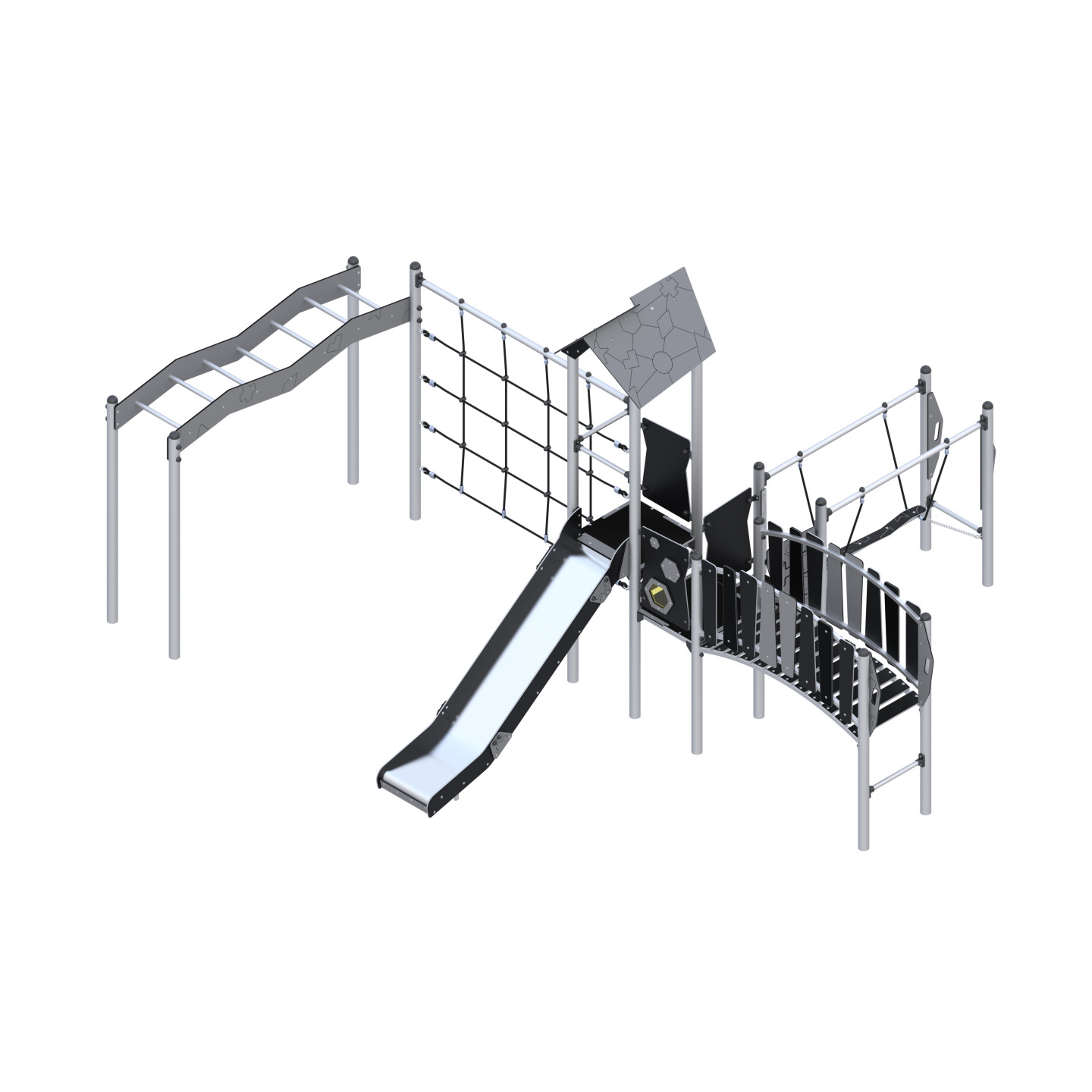Play set with slide, bridge, and climbing elements