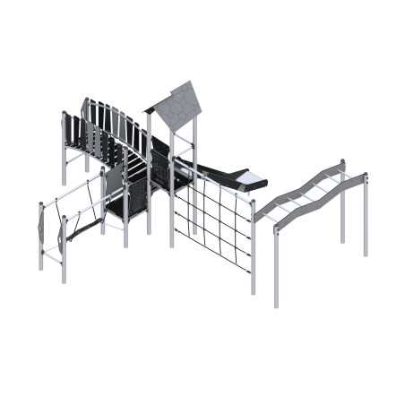 Play set with slide, bridge, and climbing elements