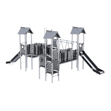 Three-tower play set with slides, a descent tube connected by bridges