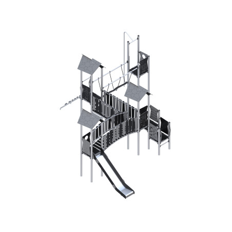 Three-tower play set with slides, a descent tube connected by bridges
