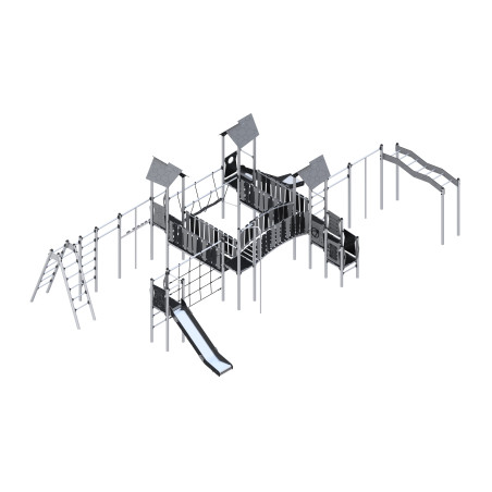 Dreiturm-Spielset mit Rutsche, Kletterelementen, Abfahrtsrohr, verbunden durch Brücken