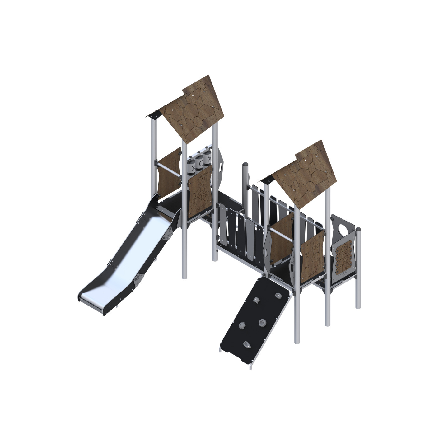 Zweiturm-Spielset verbunden mit einer Brücke mit Rutsche und Kletterwand