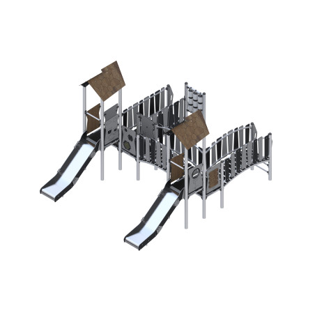 Sada herních prvků s dvěma věžemi spojenými mostem se skluzavkami