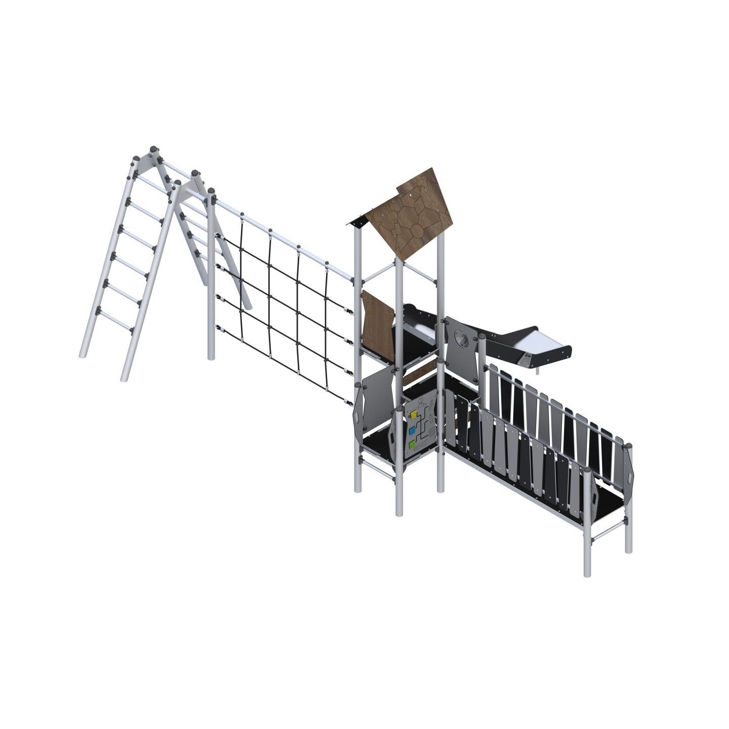 Play set with slide, bridge, and climbing elements